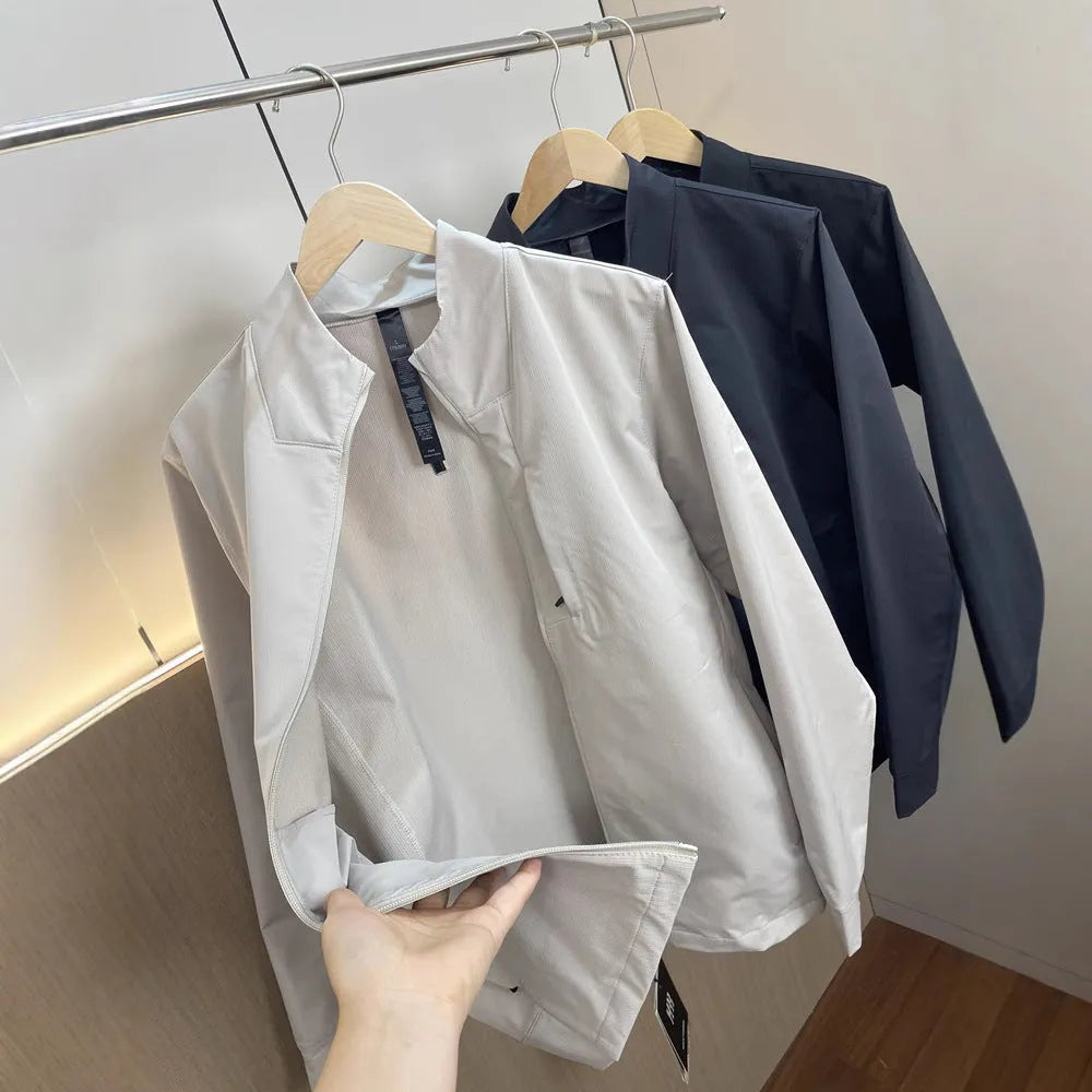 Men's stand collar polyester casual jacket in black, dark blue or milky white with straight hem
