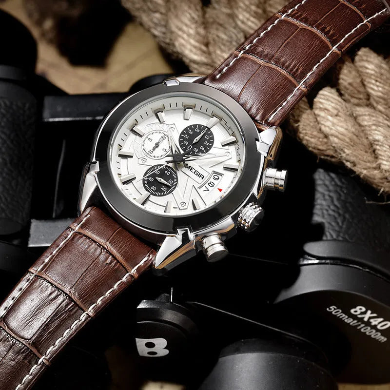 Men's brown and black waterproof chronograph watch with luminous three‑eye dial.
