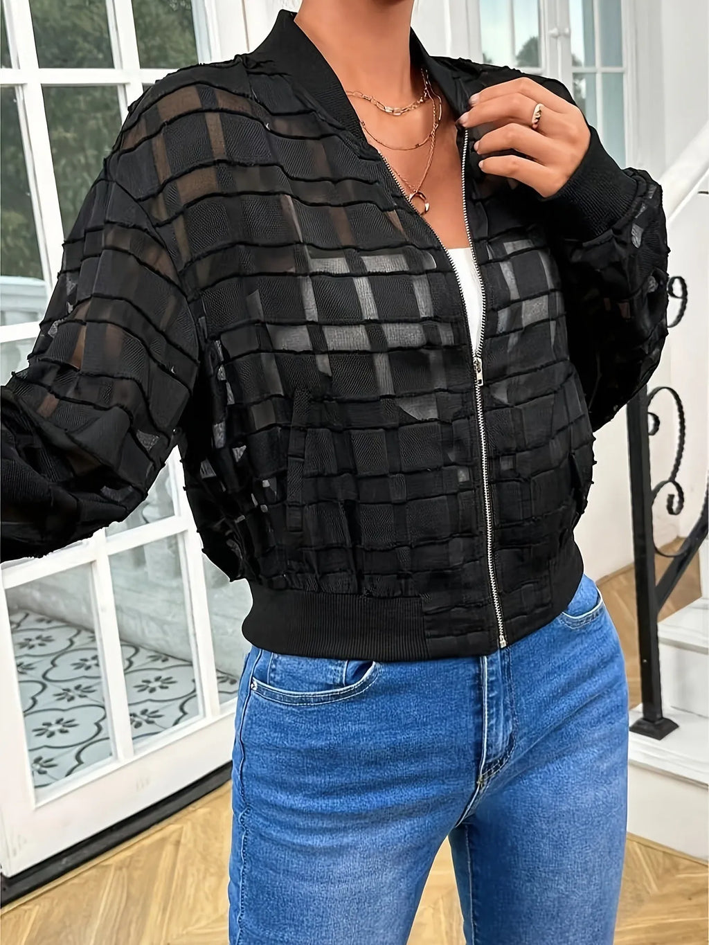 Women's black semi-transparent casual jacket with geometric pattern and thread zipper