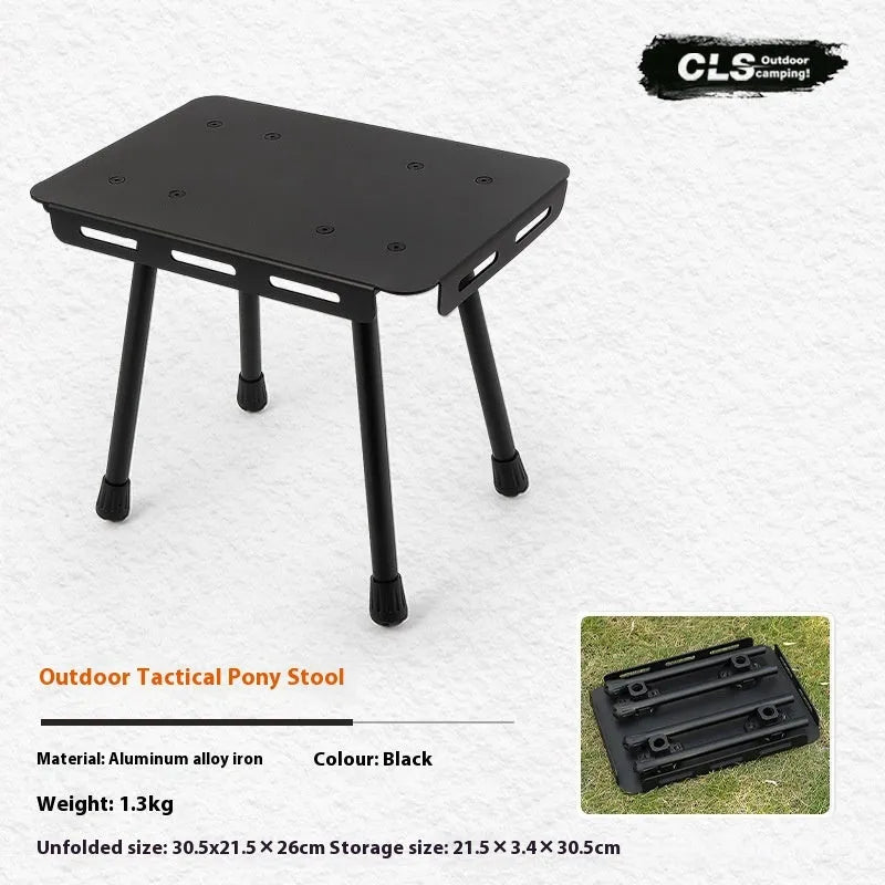 CLS aluminium folding camping stool shown in dual-use mode as a seat and small table with storage bag.