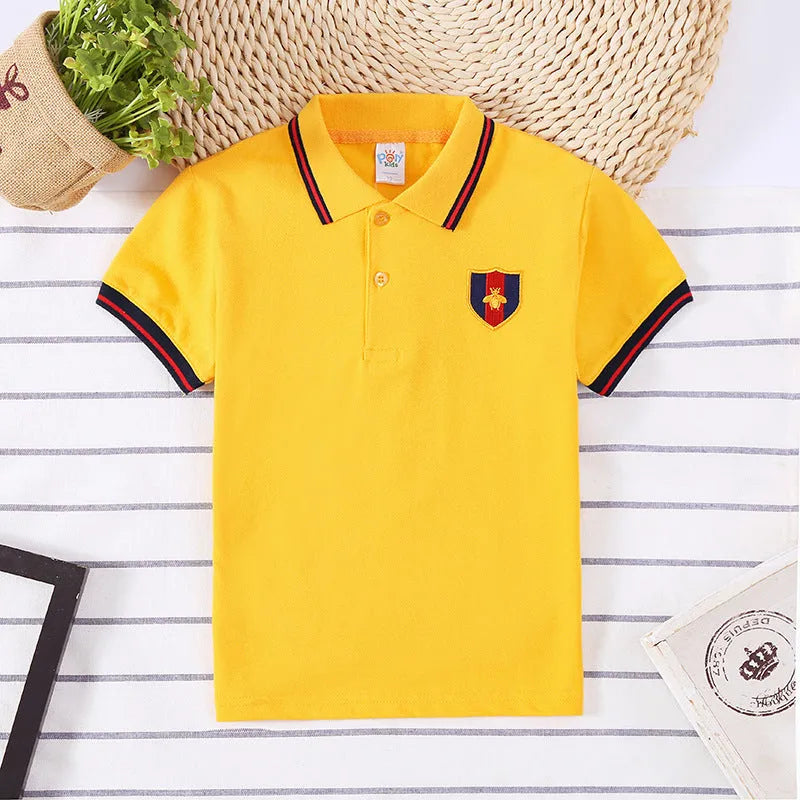 Boys' short sleeve cotton T-shirt with lapel collar in solid colours for ages 3-8 years