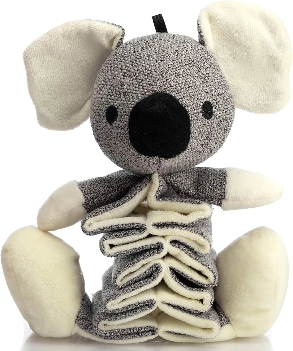 Gray koala-shaped dog toy measuring 30cm with plush limbs and squeaky crinkle paper interior.