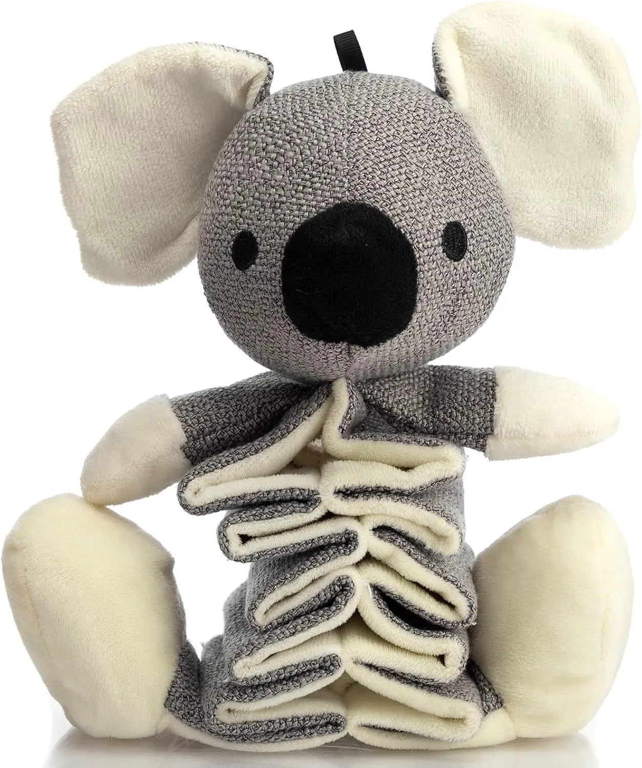 Gray koala-shaped dog toy measuring 30cm with plush limbs and squeaky crinkle paper interior.