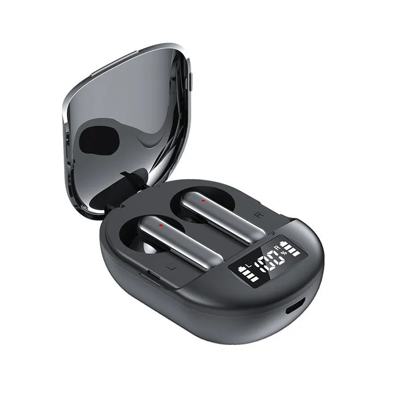Black and white wireless Bluetooth earphones with charging case showing digital display