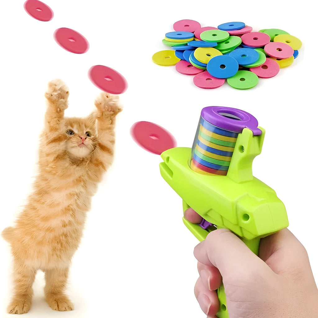 Green battery-free cat toy launcher with foam disc for indoor feline play