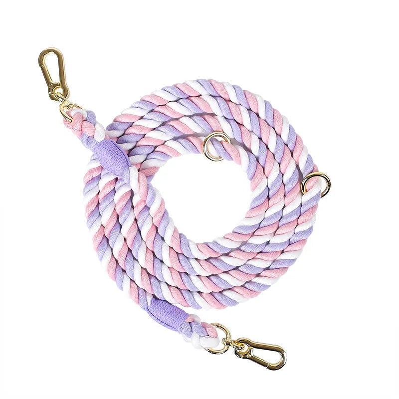 Woven rainbow coloured dog leash with clips at both ends, shown in a choice of colours with silver or gold fittings.