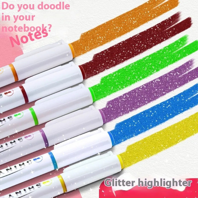 Set of four glitter highlighter pens with slanted tips in pastel colours including taro puff and peach blossom puff.