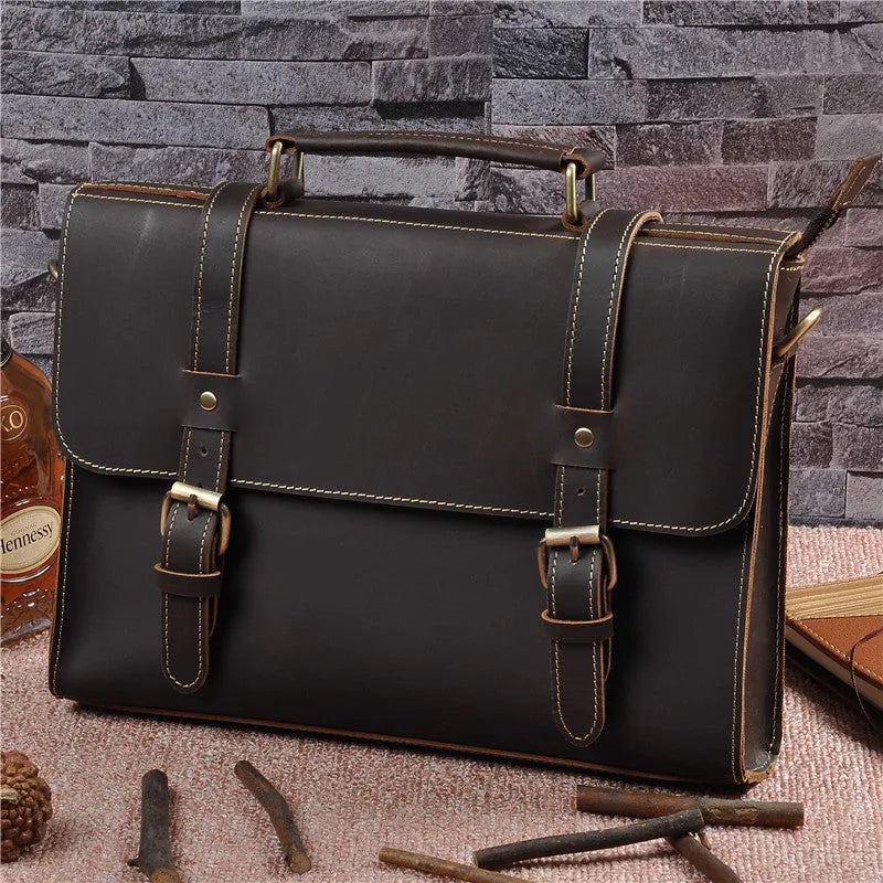 Men's genuine cowhide Crazy Horse leather handbag in dark brown, 13 inch, with lock closure, plain retro style