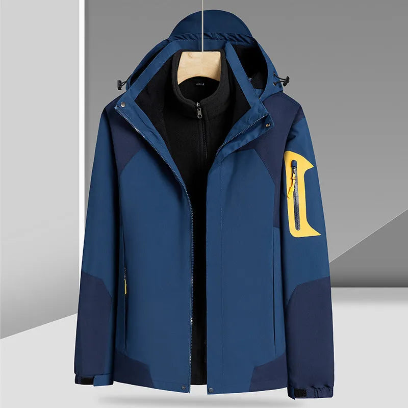 Three-in-one removable liner jacket with hood in bean green for women, windproof and waterproof polyester