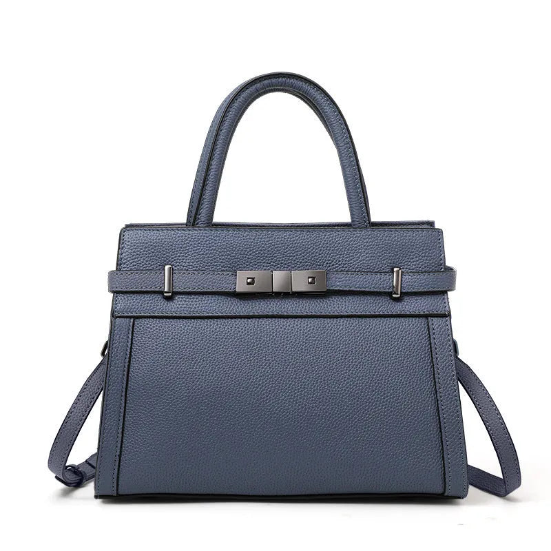 Women's horizontal square genuine leather crossbody bag with visible stitching, shown in multiple colour options.