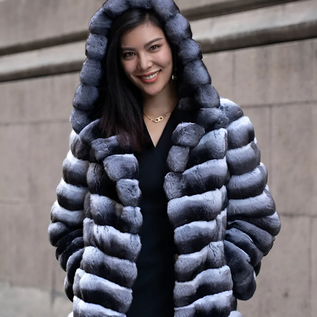 Women's zebra stripe faux fur overcoat with artificial mink hair fabric, mid-length design