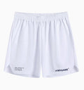 Men's grey fitness shorts with a four-point training design, shown on a model, highlighting the short length and elastic fabric.