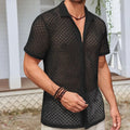 Men's solid colour short sleeve lapel cardigan shirt in a mesh cotton blend fabric