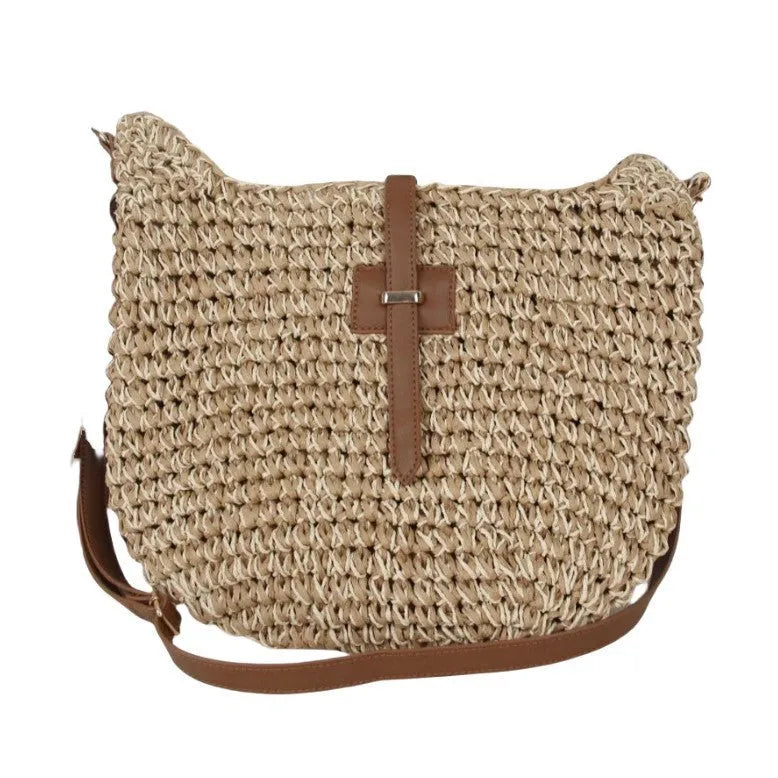 Handmade beige woven bag with special-interest design, 35cm dimensions and adjustable shoulder strap