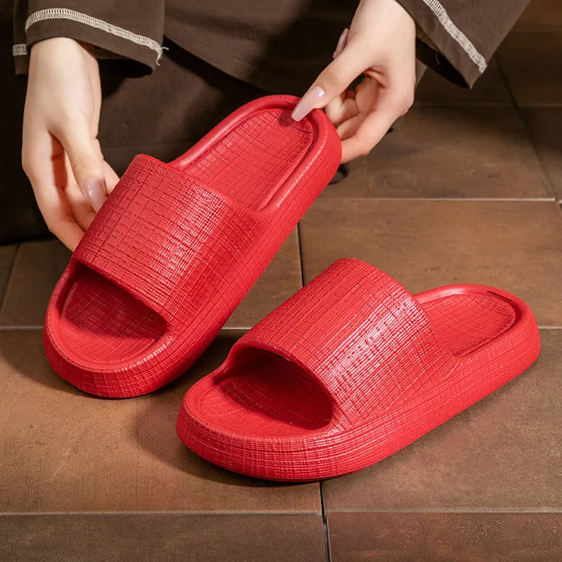 Women's non-slip EVA flip flop slippers in five colours, showing toe ring design and textured sole.