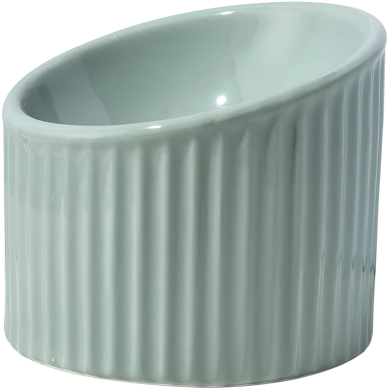 A ceramic elevated cat bowl with a tilted, round design shown in green, positioned on a floor.