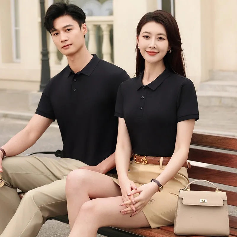 Cotton lapel collar polo T-shirt on a hanger, available in multiple colours including Aerospace Blue.