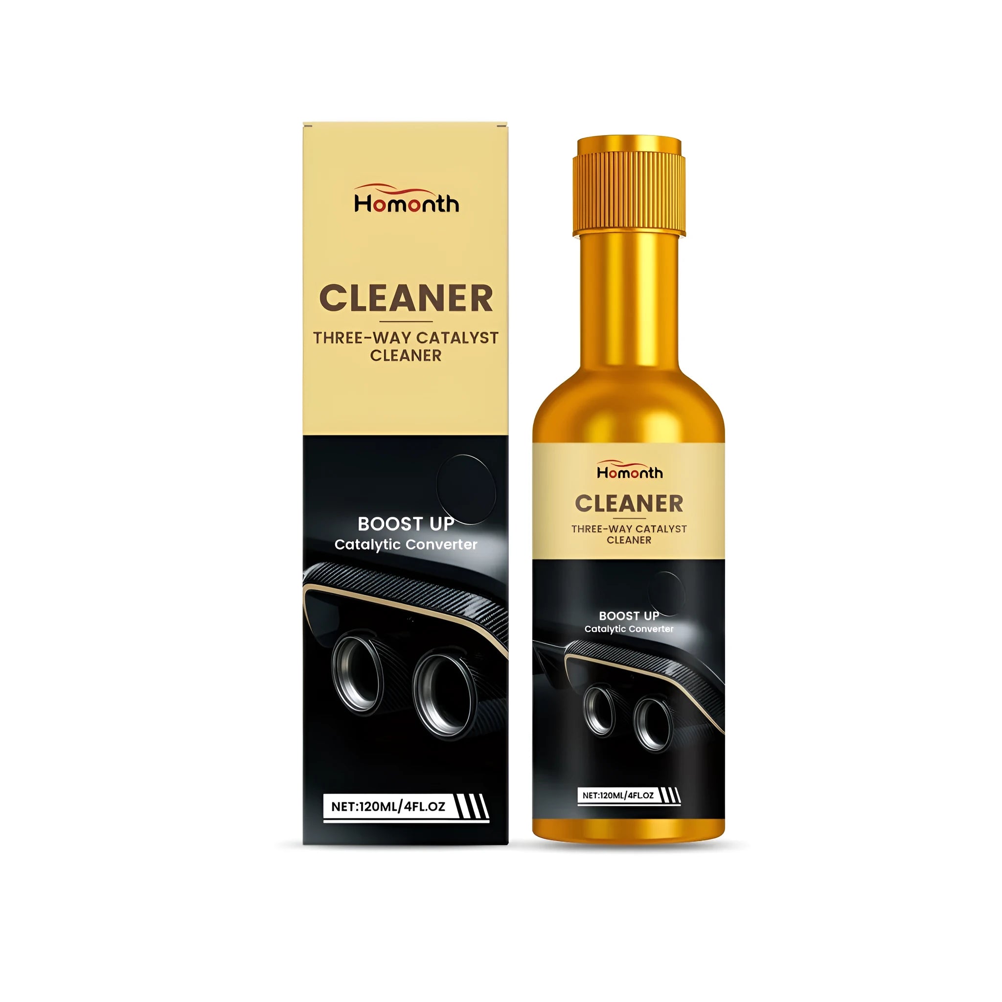 120ml bottle of catalytic converter cleaner liquid for car exhaust systems.
