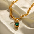 Gold titanium steel pendant necklace with emerald zircon stone and Cuban link chain