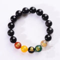 Men's single circle obsidian bracelet with five gods of wealth design, available in 8mm, 10mm, 12mm bead sizes.