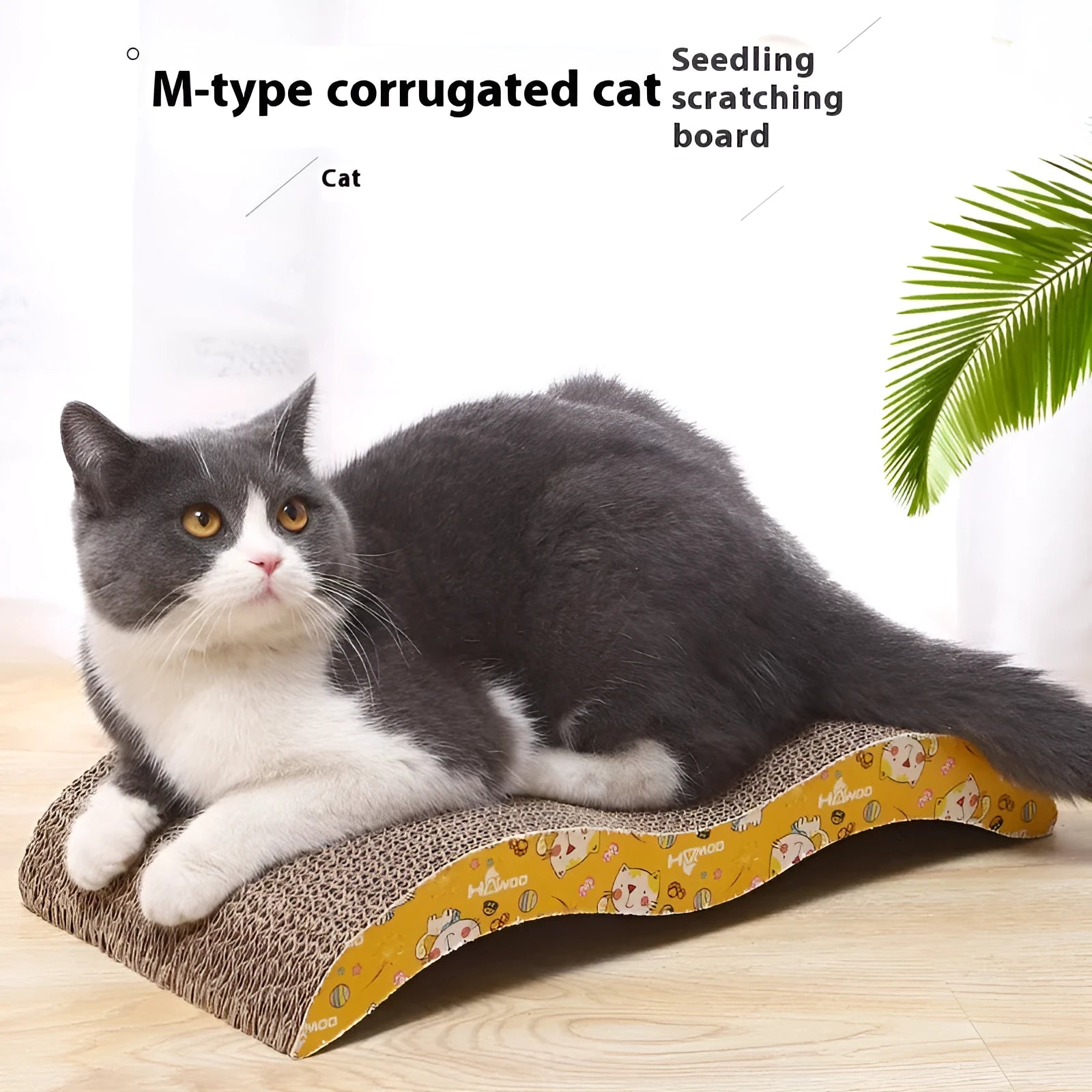 Corrugated paper cat scratch board in a geometric shape option such as bone type or trapezoid.