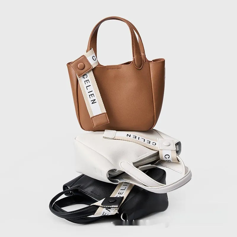 Brown genuine cattlehide leather cross body bucket bag with retro style and single shoulder strap
