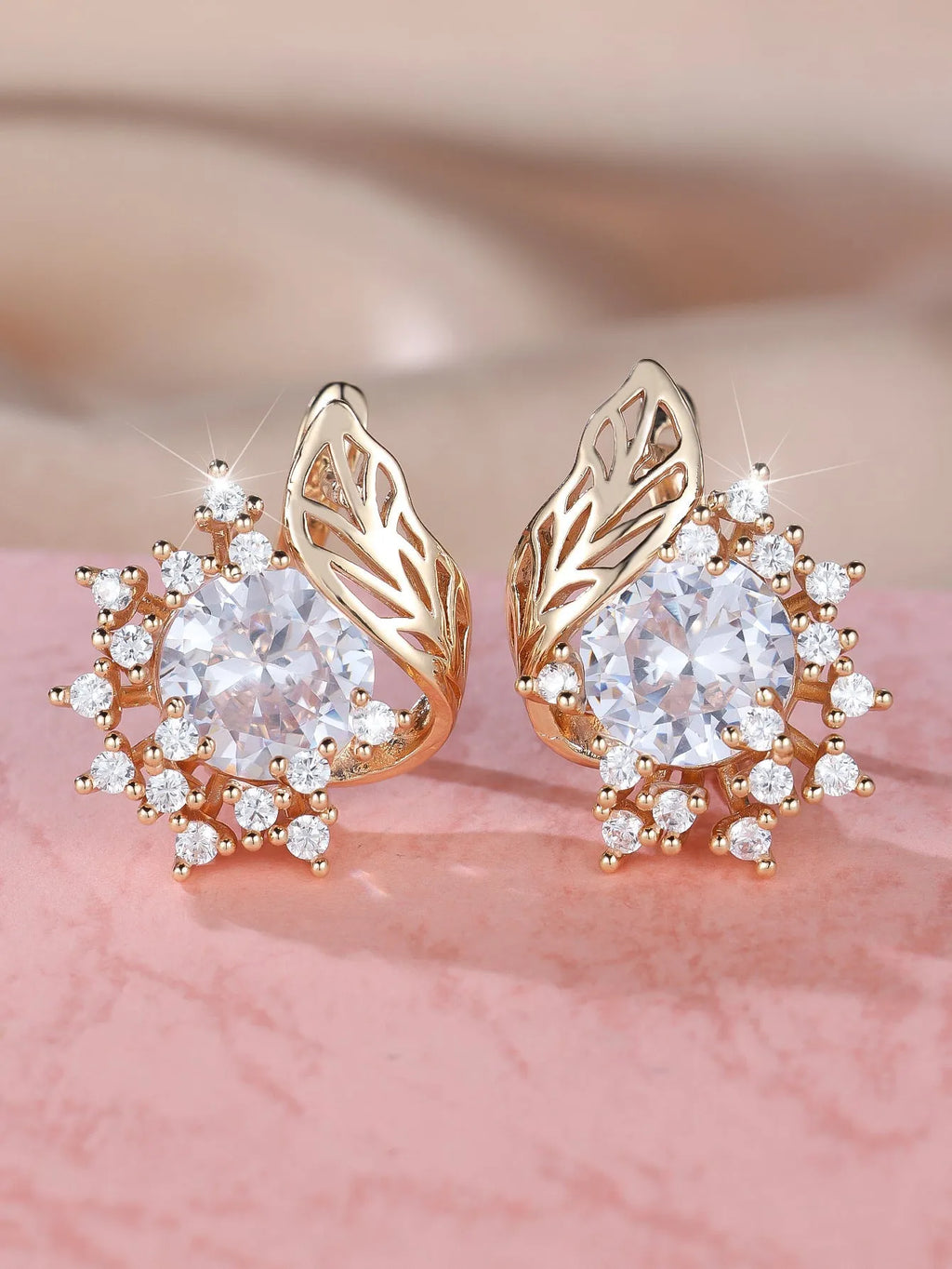Rose gold round flower feather earrings with a choice of coloured zircon stones.