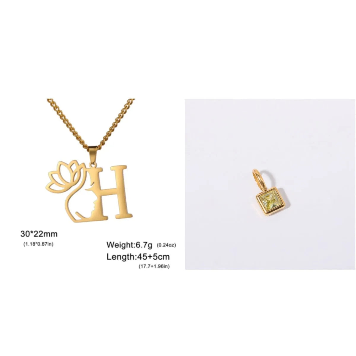 Gold electroplated stainless steel necklace with a cross chain and a letter 'A' pendant on a white background.