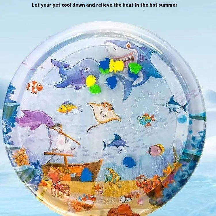 Summer cooling pet water bed cushion PVC inflatable ice pad with fish design for dogs and cats 65cm size