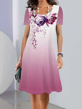 Women's short sleeve A-line midi dress with painted botanical print in a fresh and sweet style.