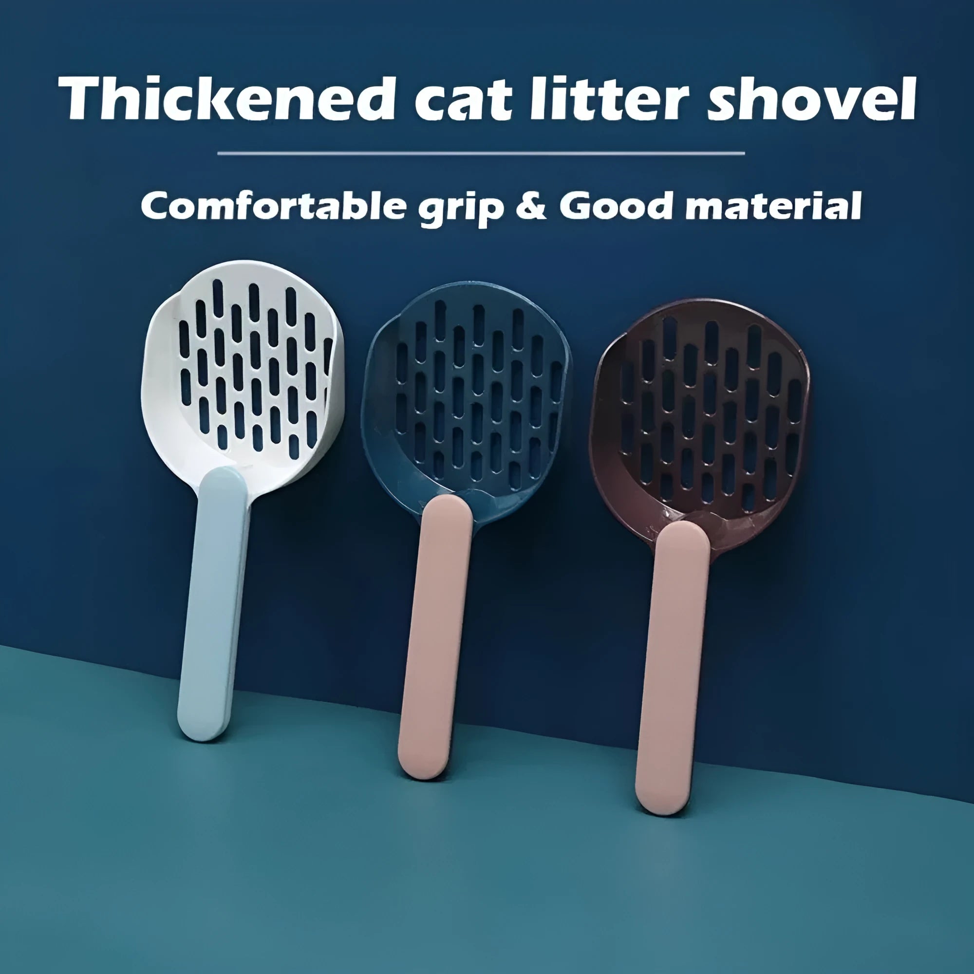 Blue plastic cat litter shovel with angled handle on a white background.