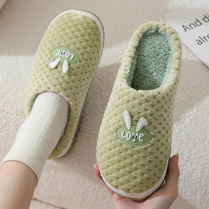 Women's apricot rabbit plaid design house slippers with thick sole and fur lining