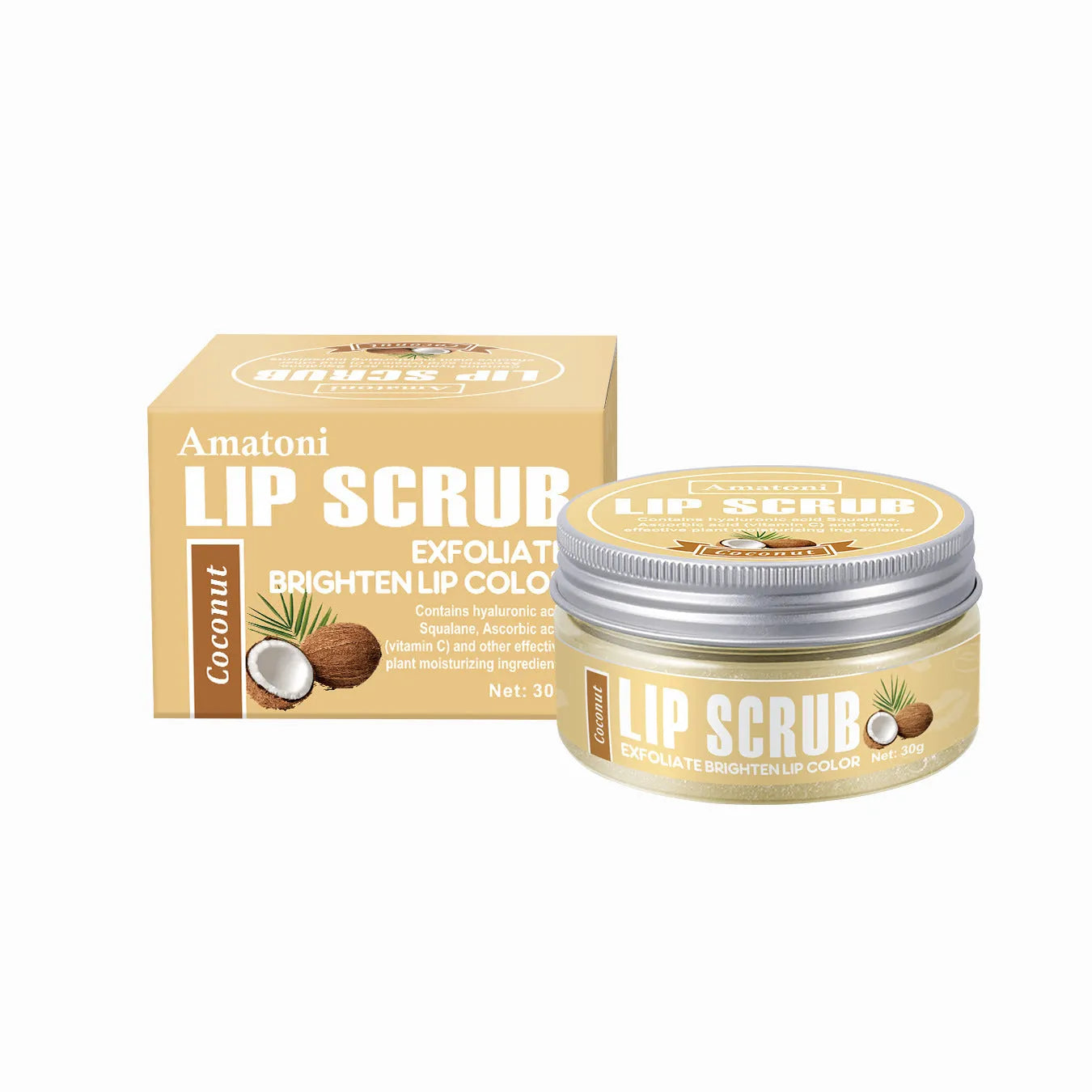 Amatoni fruit flavour lip scrub cream in 30g packaging for exfoliating and moisturising lips.