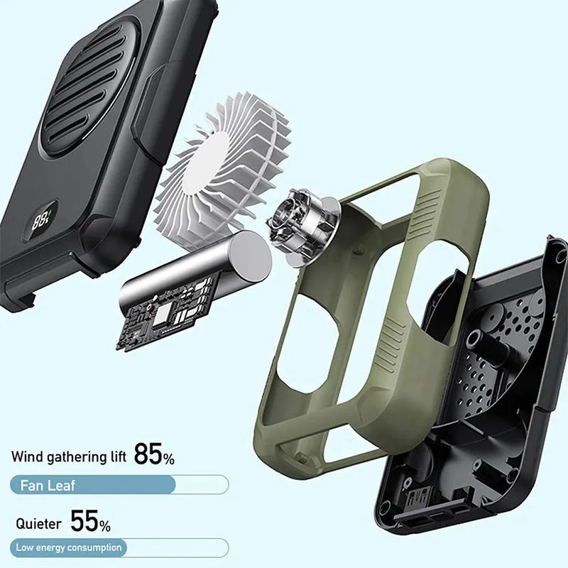 Green leafless waist hanging fan for outdoor sports with USB charging port