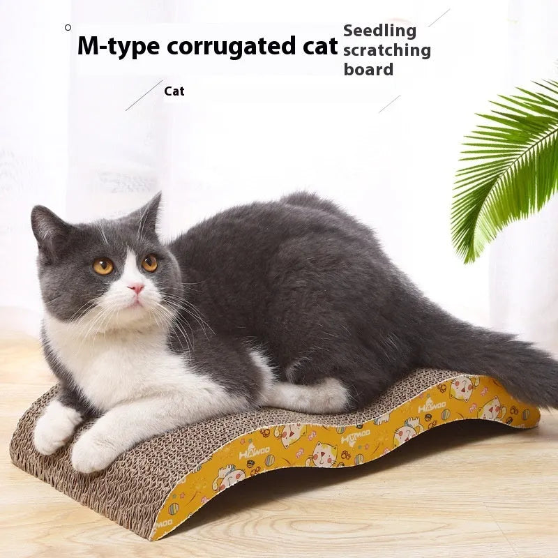 Corrugated paper cat scratch board in a geometric shape option such as bone type or trapezoid.