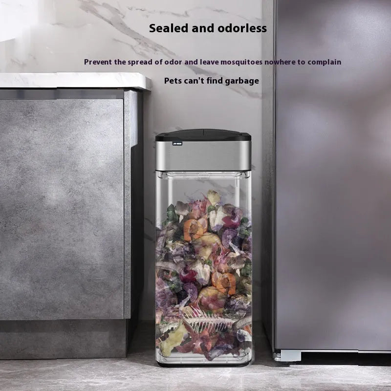 Stainless steel square automatic trash can with induction lid open.