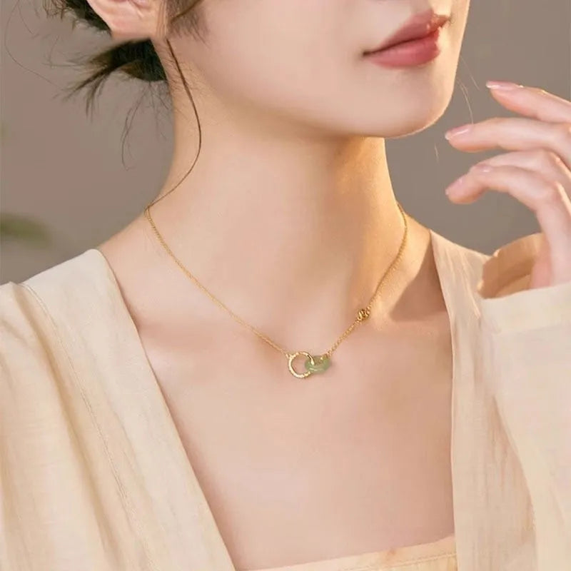 Sterling silver necklace with bamboo peace buckle geometric pendant on adjustable chain