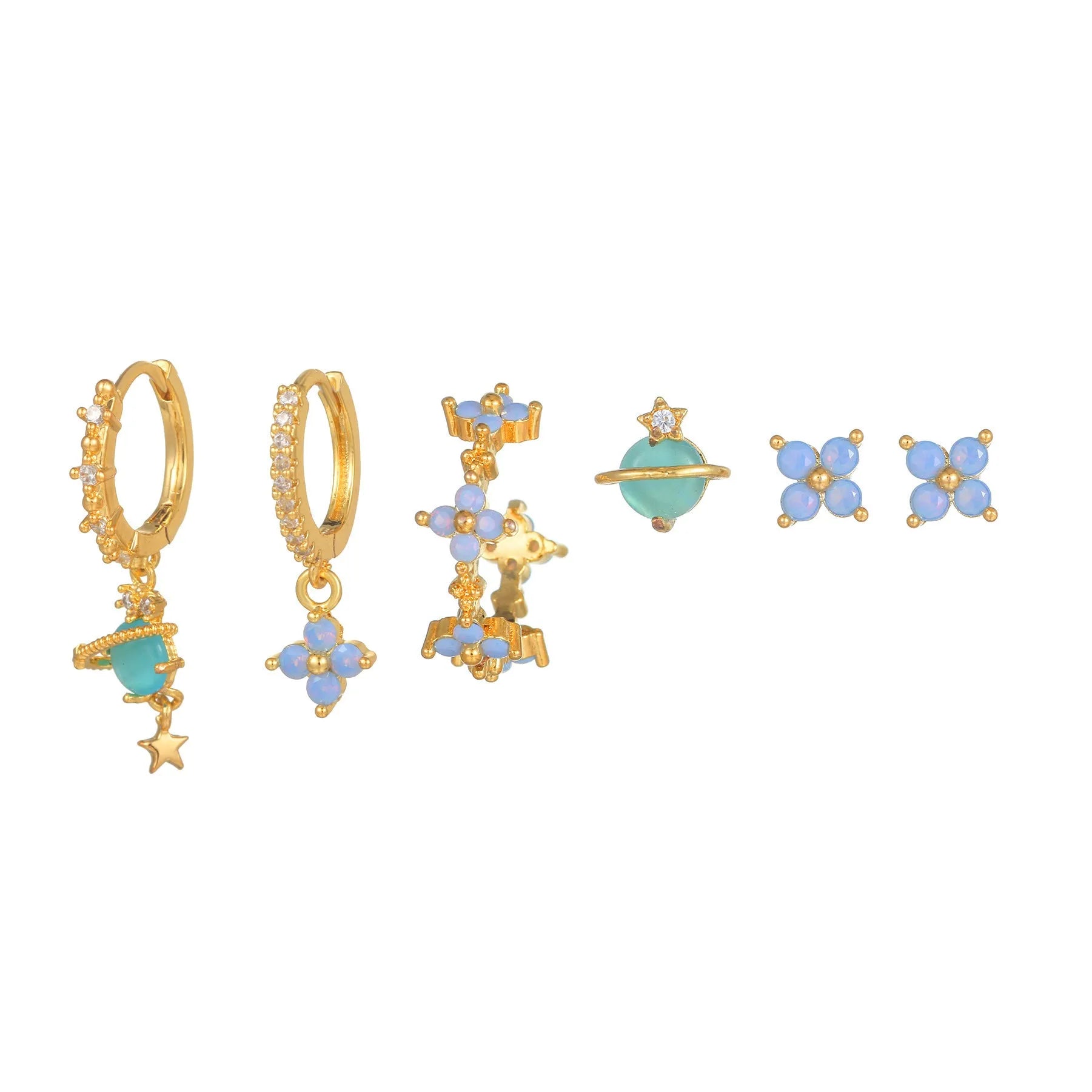 Gold and silver Japanese Korean style ear studs with blue flower nail design and zircon detail