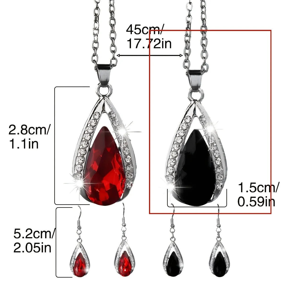 Black and red teardrop glass pendant necklace and matching earrings set on a grey background