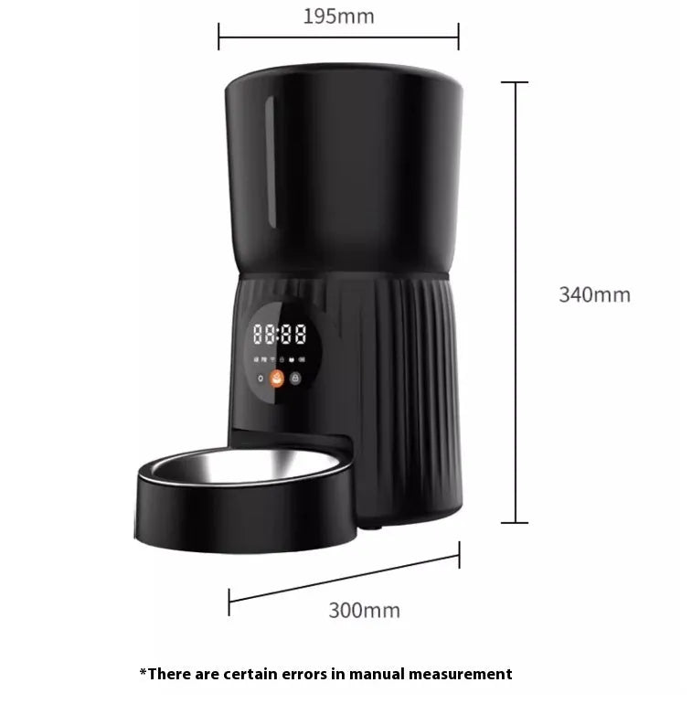 Black and white automatic pet feeder with digital timer and USB cable for remote, portion-controlled feeding.