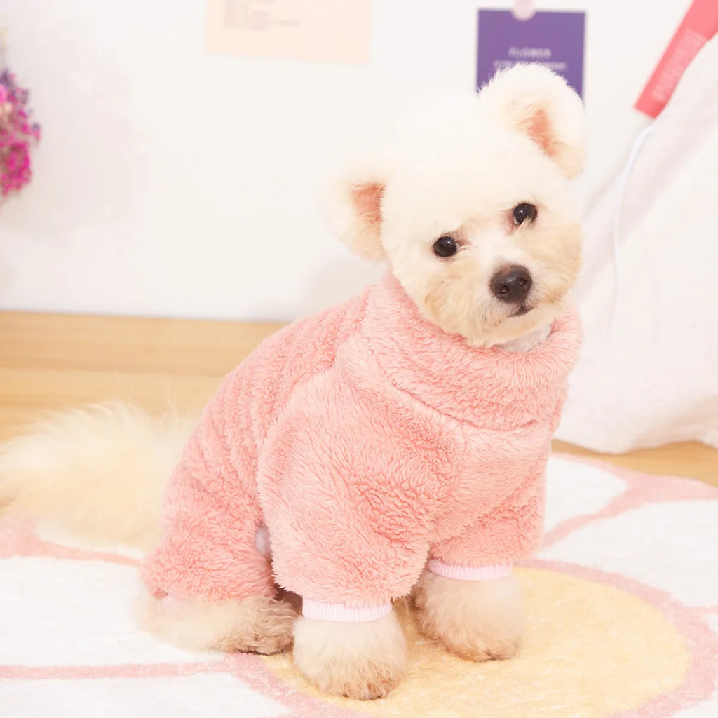 Four-legged dog coat in blue double-sided thick plush with high collar and towing ring