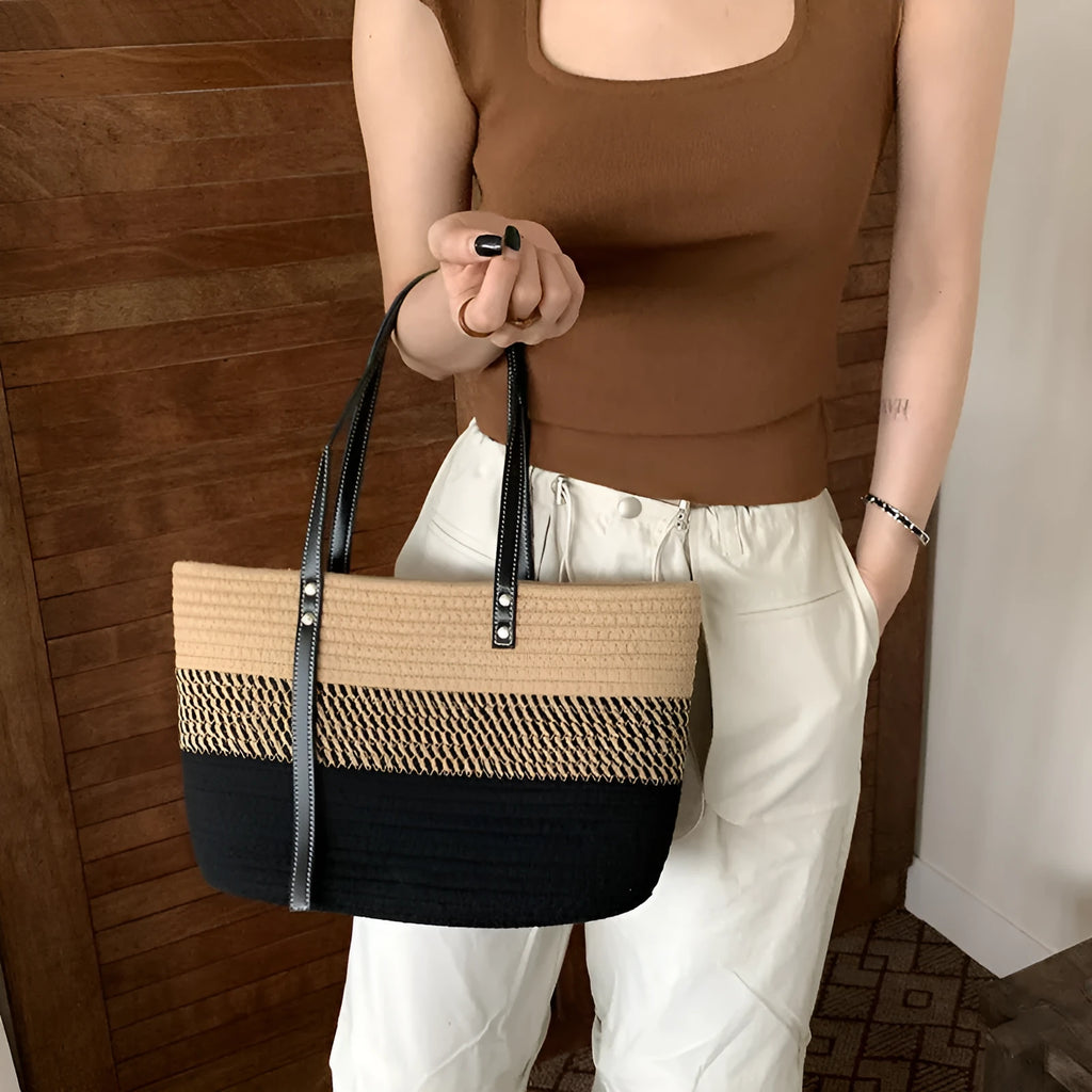 Hand woven oval cotton basket bag with sandwich pocket and double straps in khaki colour