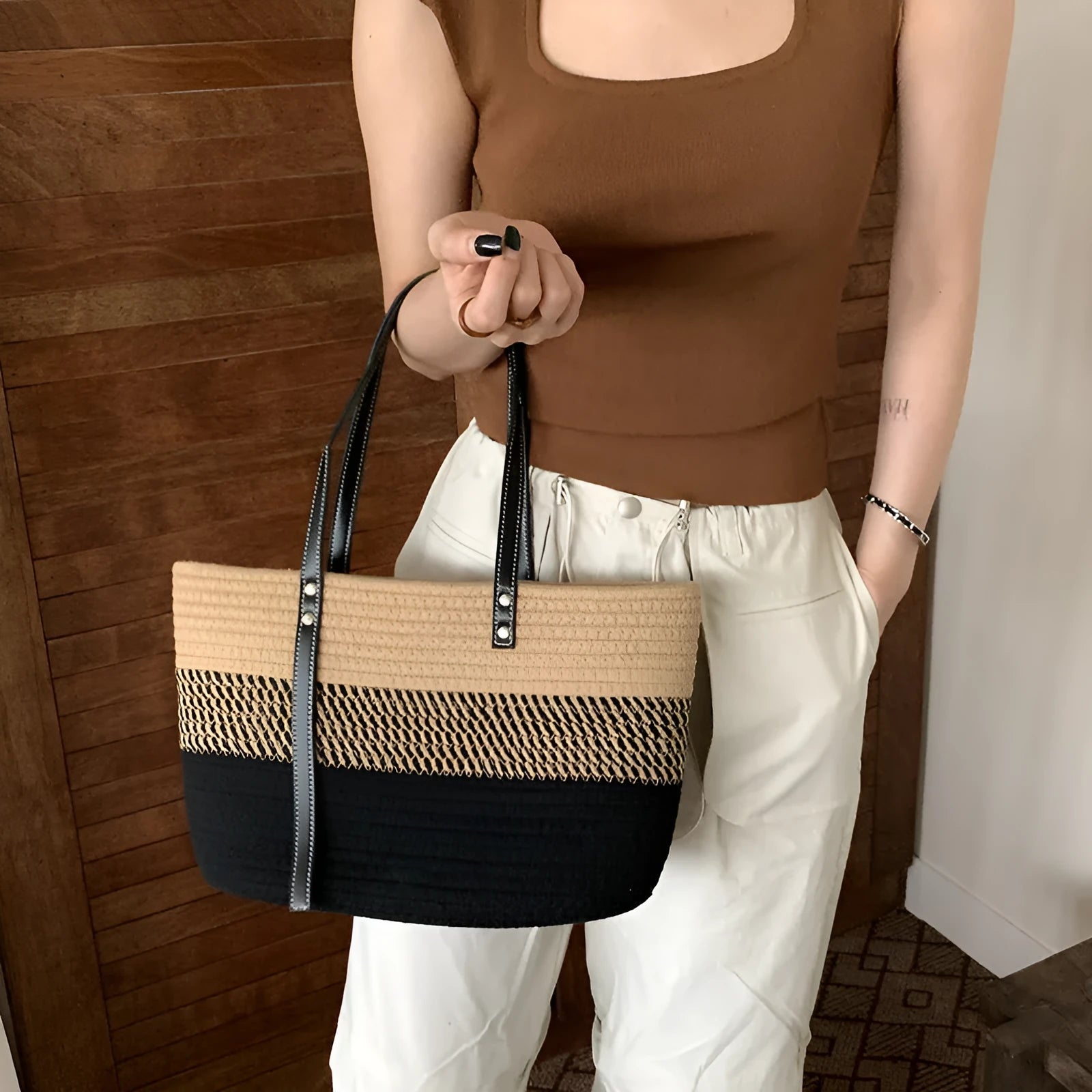 Hand woven oval cotton basket bag with sandwich pocket and double straps in khaki colour