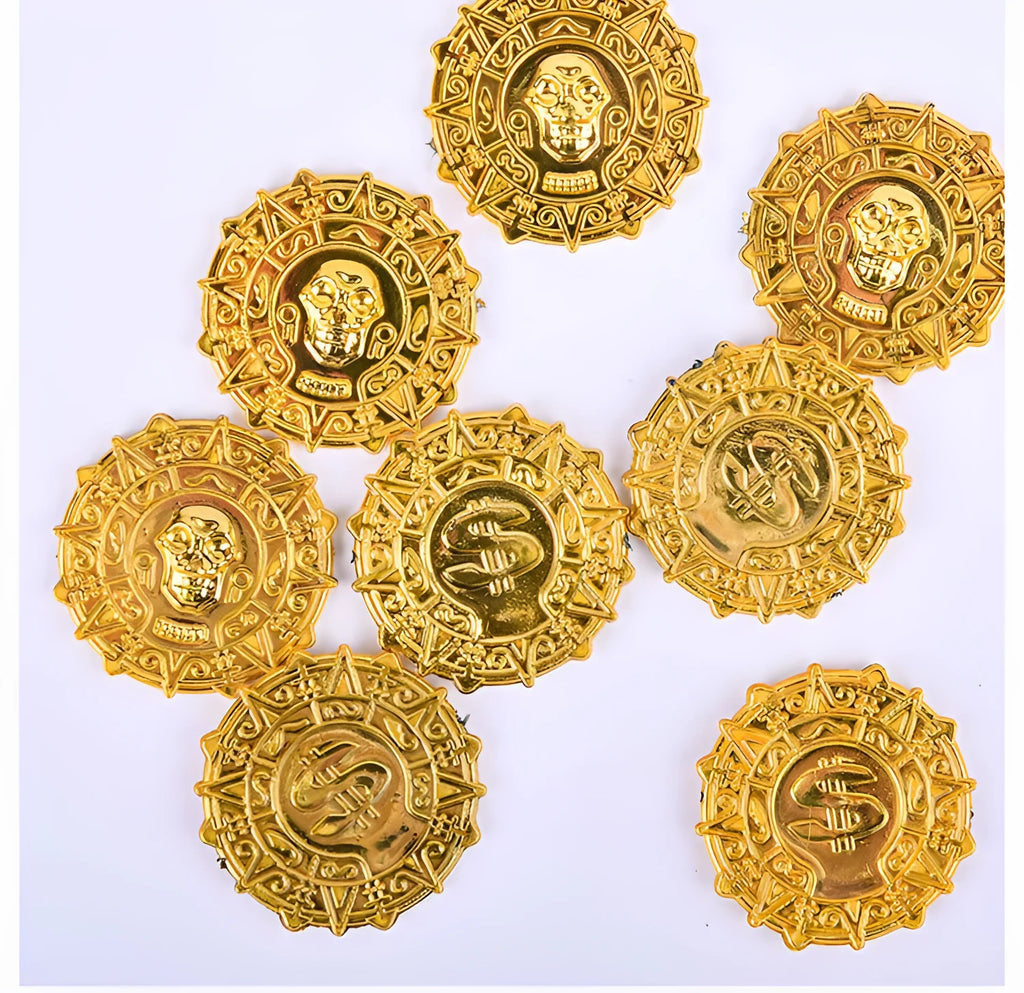 Plastic pirate gold coin toy with detailed design for Halloween dress-up costumes and pirate accessories