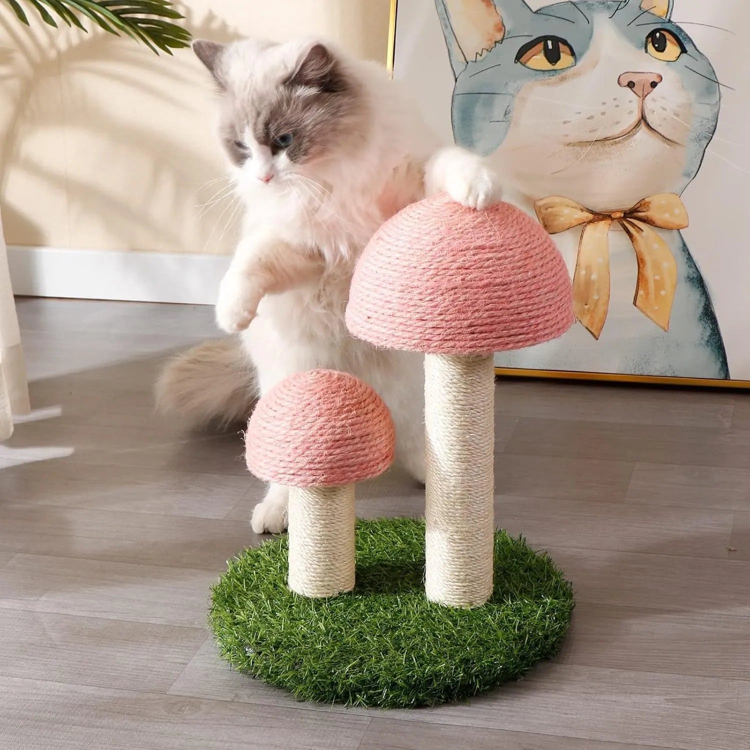 Pink mushroom-shaped cat scratching post with natural sisal caps and pole for small indoor cats