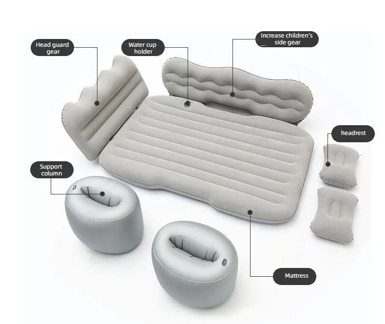 Inflatable car boot mattress with split design and grey flocked fabric, shown in an SUV rear.