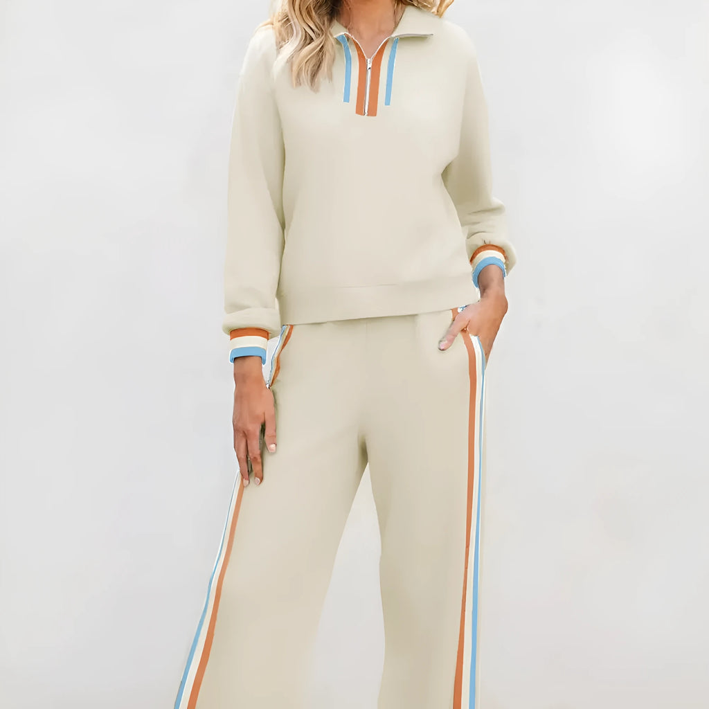 Apricot striped patchwork quarter zip pullover and loose pant set on model, women's two-piece loungewear
