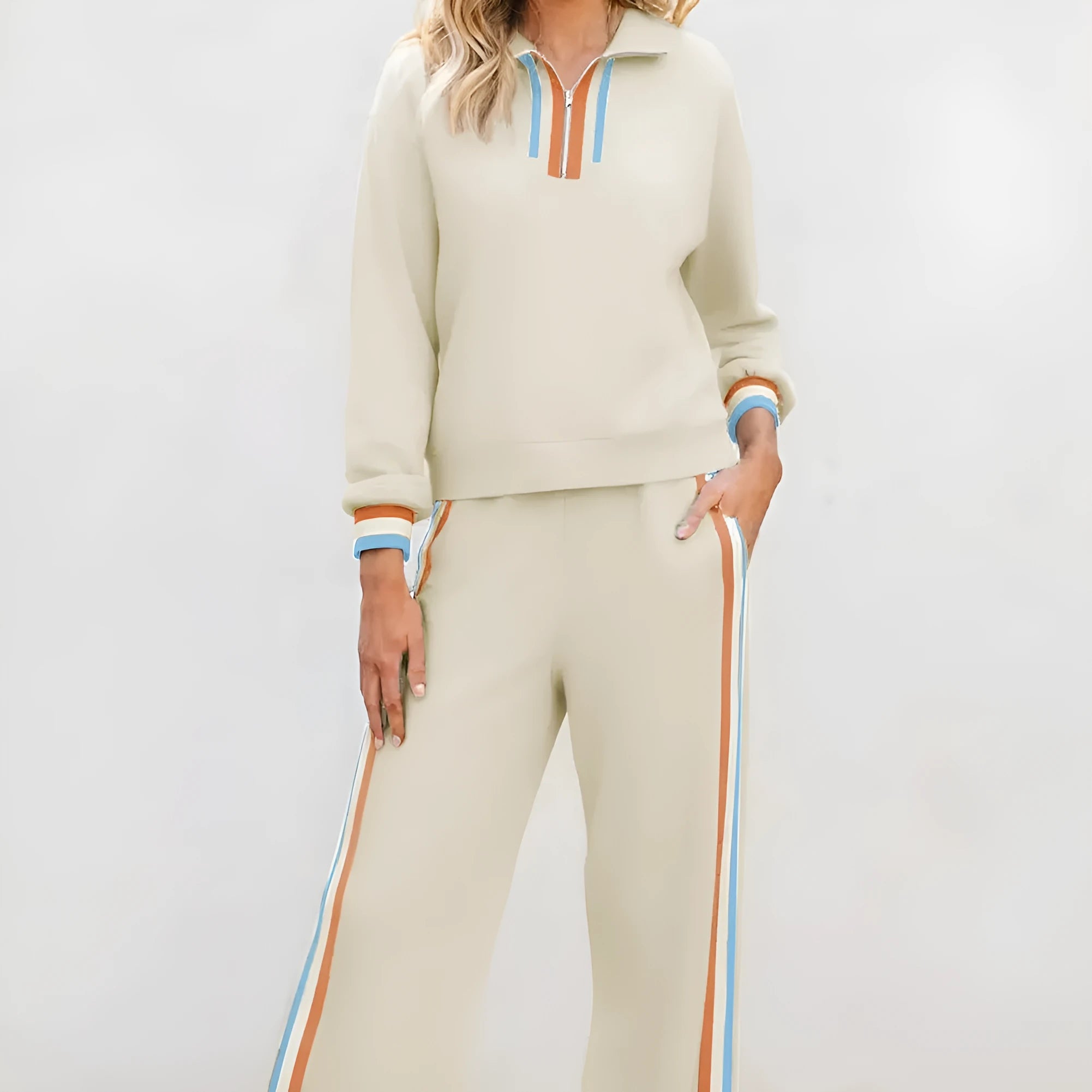 Apricot striped patchwork quarter zip pullover and loose pant set on model, women's two-piece loungewear