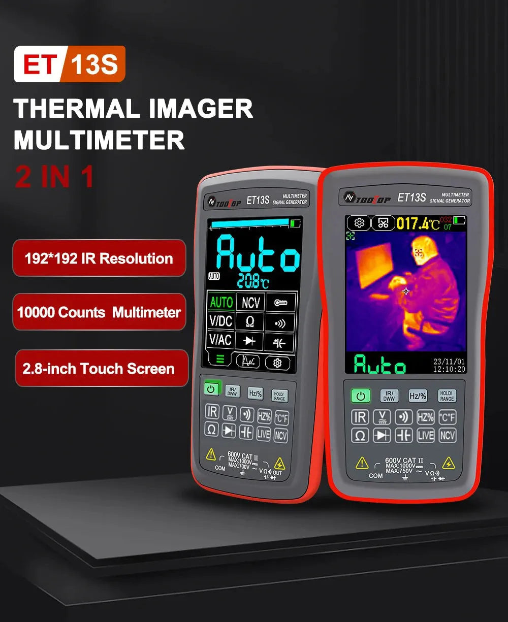 Thermal imaging multimeter with digital display showing temperature measurement and electrical testing functions