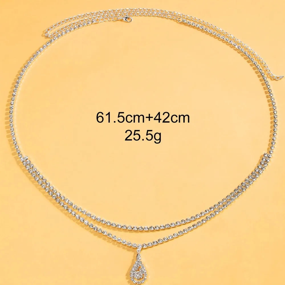 Gold and silver rhinestone waist chain for women with water drop pendant and lobster buckle.